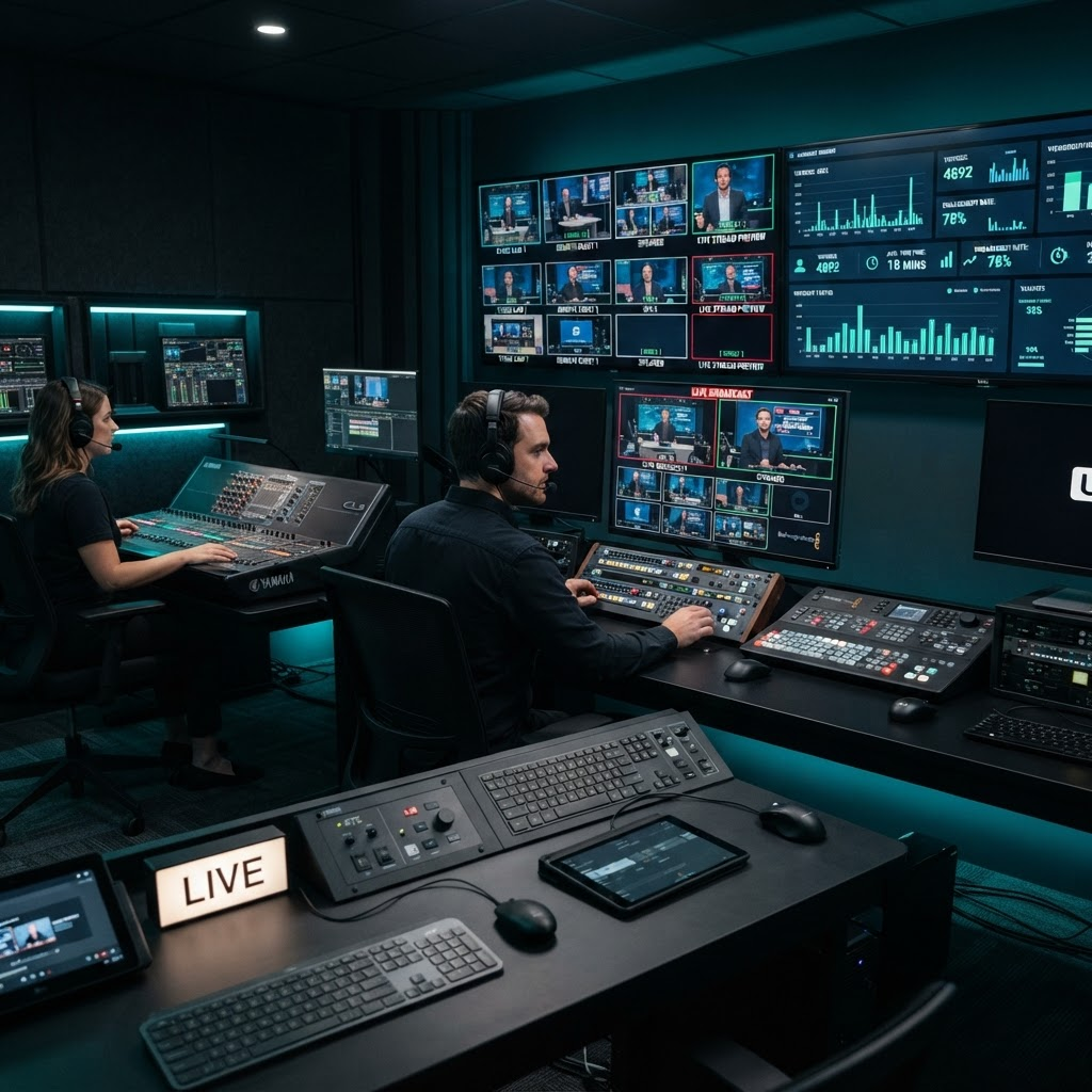 Live broadcast control room with multiple monitors showing video feeds and analytics for a virtual event